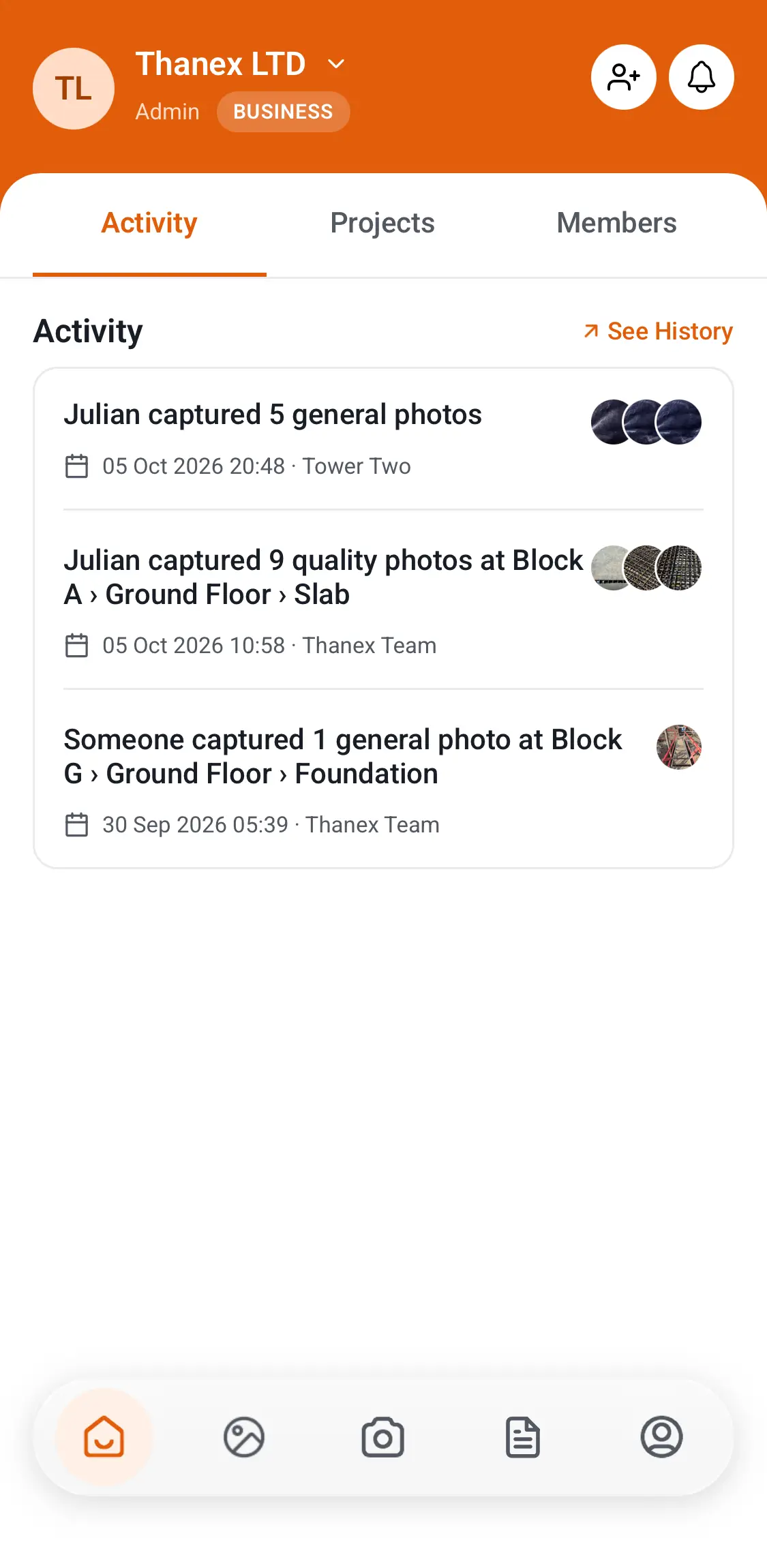 The Thanex activity feed: Julian captured 9 quality photos at Block A, Ground Floor, Slab, with the date, time and project.