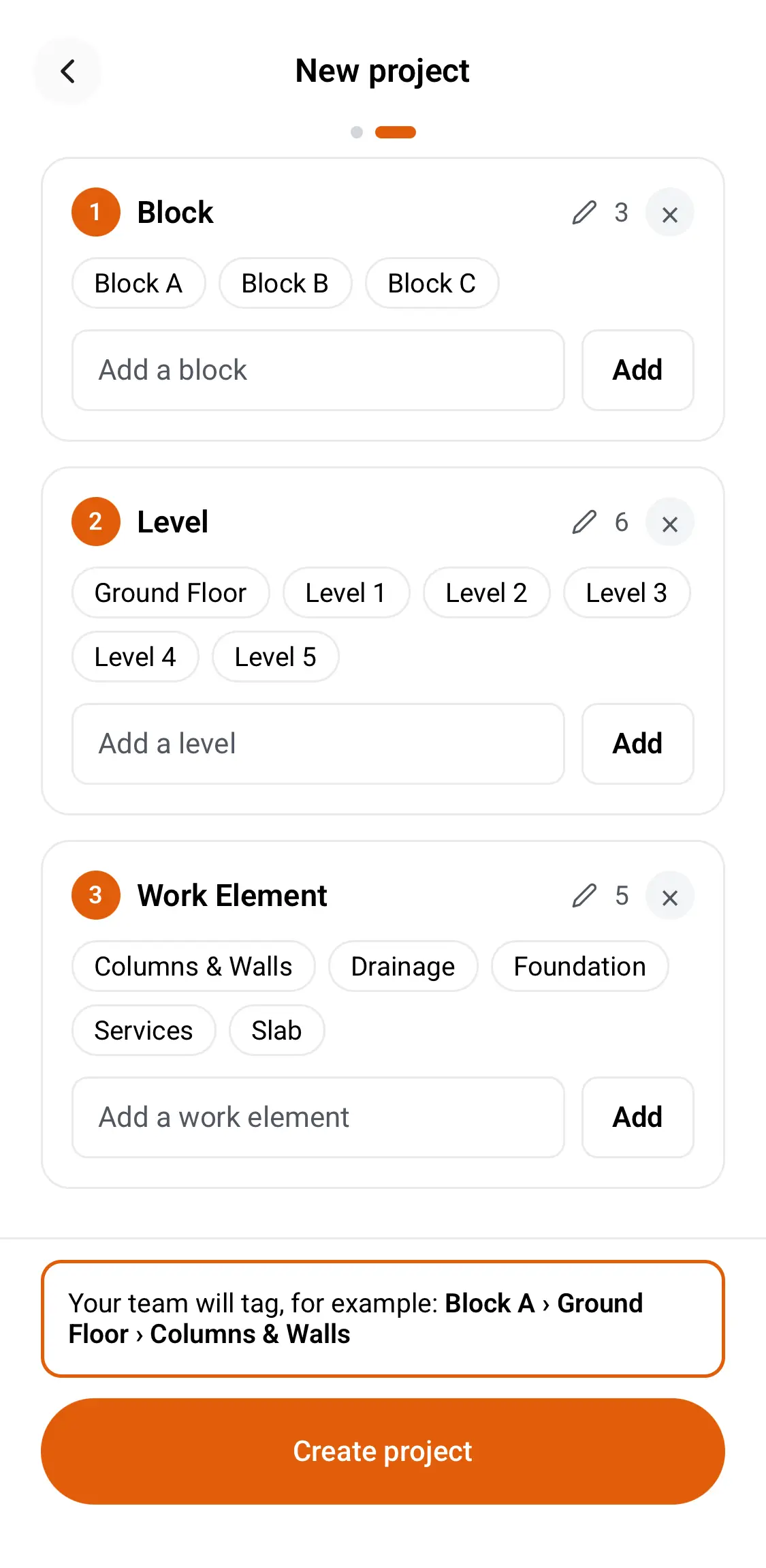 Setting up a new project in Thanex: three tag groups, Block, Level and Work Element, each with its list of values, and a note that the team will tag, for example, Block A, Ground Floor, Columns and Walls.