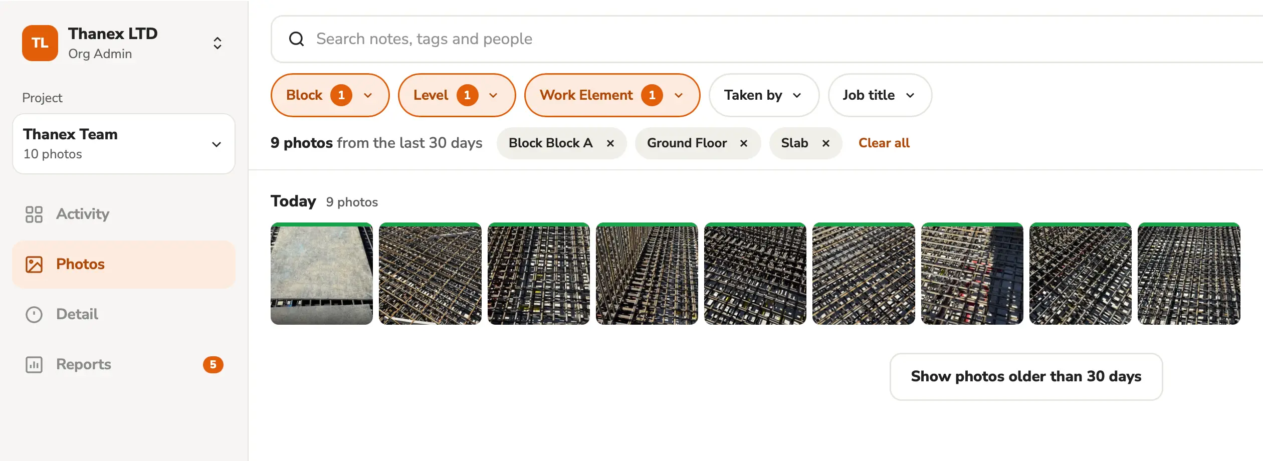 Thanex Web filtered by Block A, Ground Floor and Slab, showing nine photos the team took today.